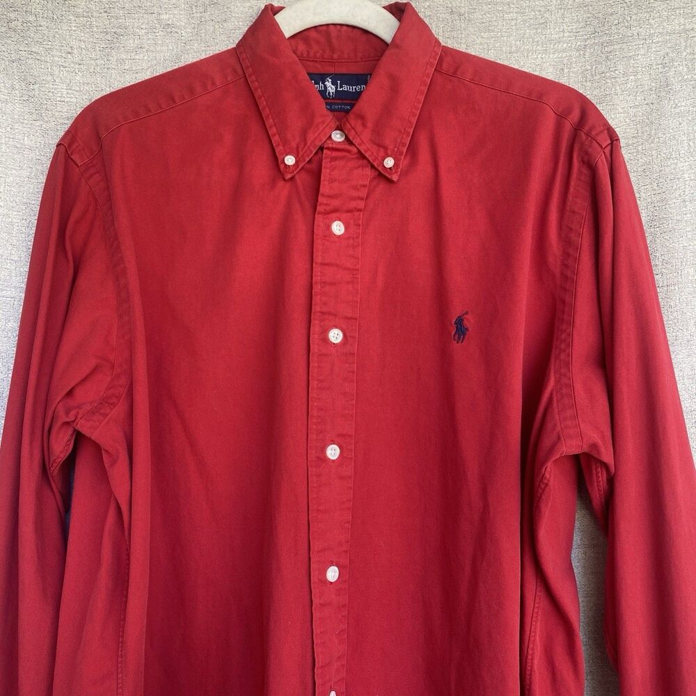 Ralph Lauren Shirt Mens M Red Cotton Navy Pony Button Up Down Preppy VTG 90's